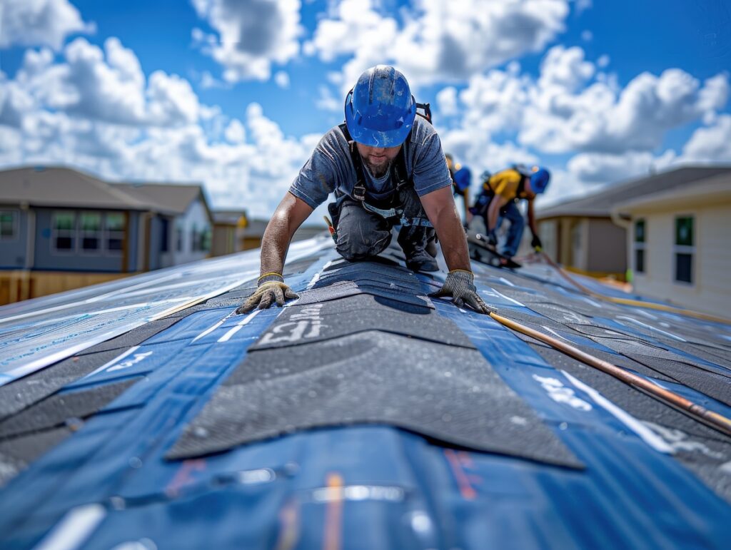 Construction workers installing shingles on the roof of a suburban house under a clear blue sky.